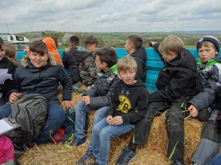 Kinder sitzen auf Strohballen